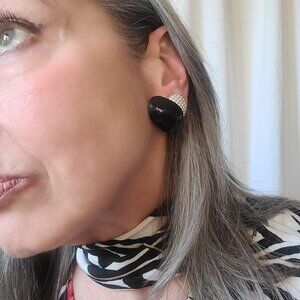 Vintage AFJ Brand Black Enamel and Crystal Heart Clip On Earrings